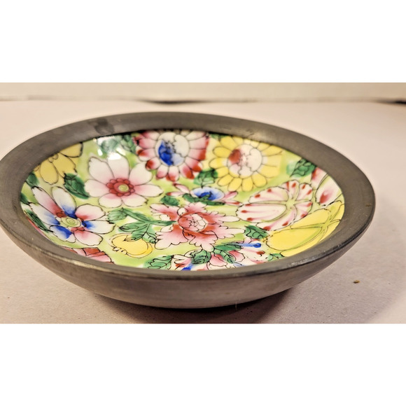 Vintage Japanese Porcelain Ware Pewter Encased Trinket Dish/Bowl 4” - Picture 2 of 7